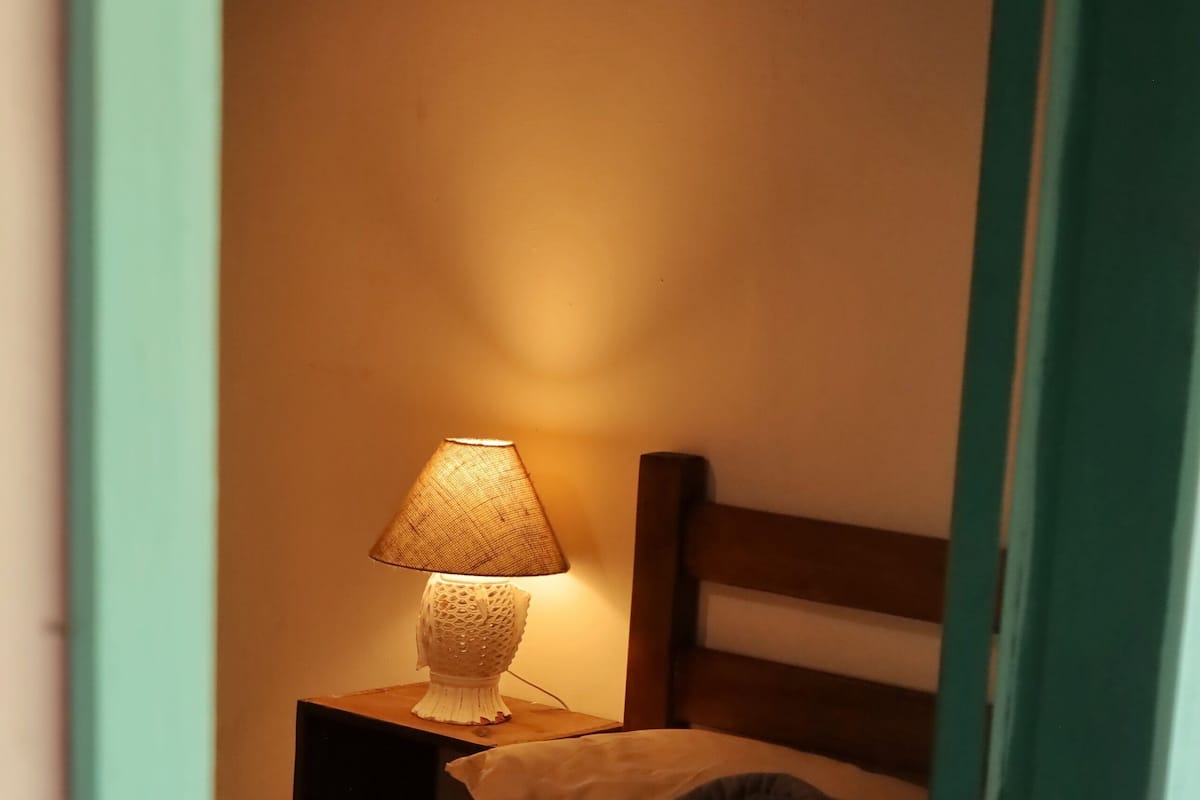 A bedroom with a bed, a nightstand, a lamp, and a cat.