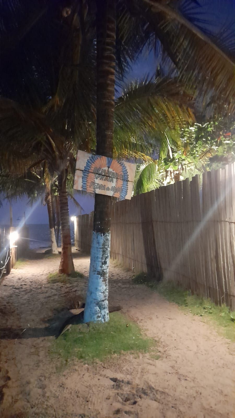 A beachside sign with text, palm trees, and a wooden fence.