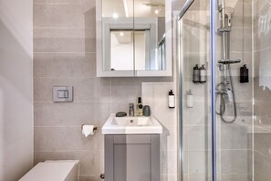 Shower, hair dryer, towels