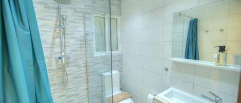 Shower, hair dryer, towels, soap