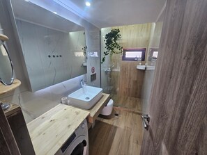 Regadera, secadora de cabello, bidet, toallas 