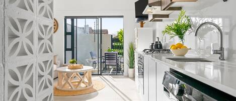 Fridge, microwave, oven, cookware/dishes/utensils