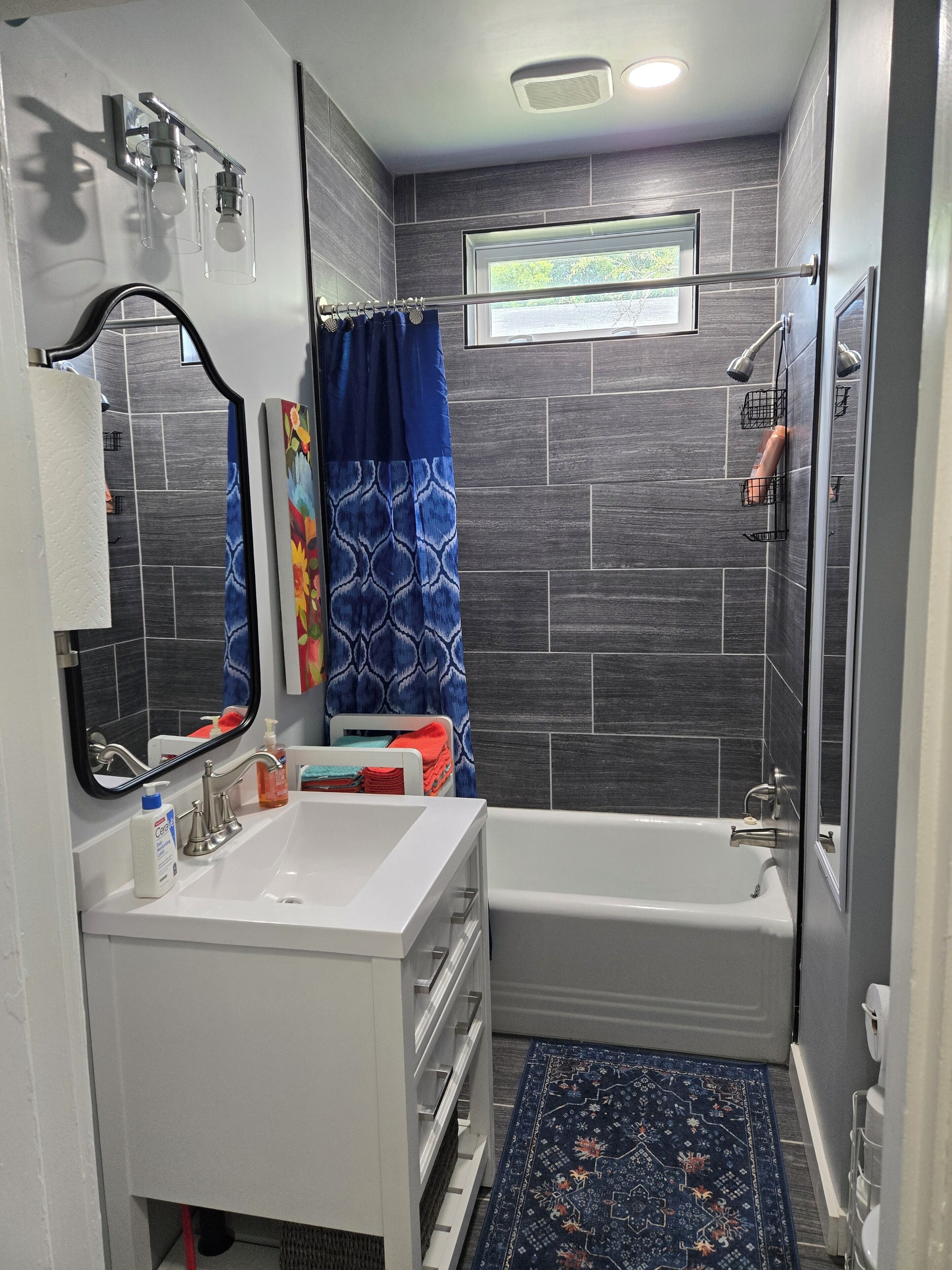 Hair dryer, towels, soap, toilet paper