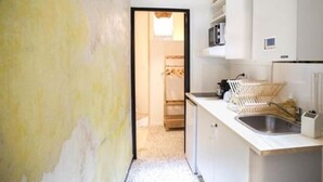 Eine schmale Küche mit Spüle, Mikrowelle und Geschirrgestell.