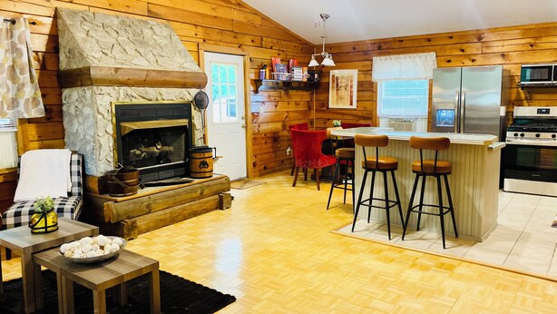 A cozy cabin interior with a stone fireplace, wooden walls, a kitchen with modern appliances, and a bar area with stools. - 3 bdrm 2 BA cabin with WiFi, AC near Surry, Hopewell, Wakefield& Prince George (Spring Grove)