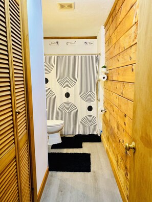 Shower, towels, soap, toilet paper