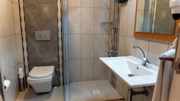 A bathroom with a toilet, shower, sink, and a mirror.