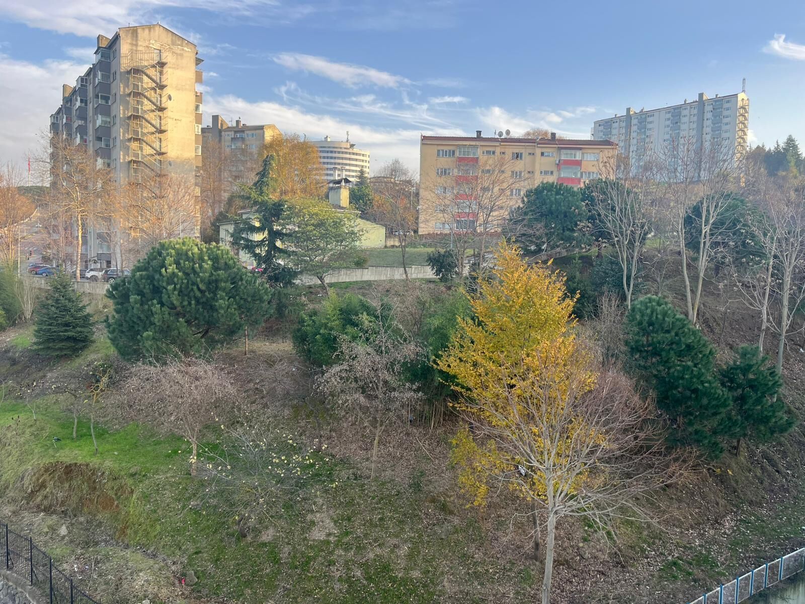 Zona residencial com edifícios de apartamentos, árvores e área gramada.