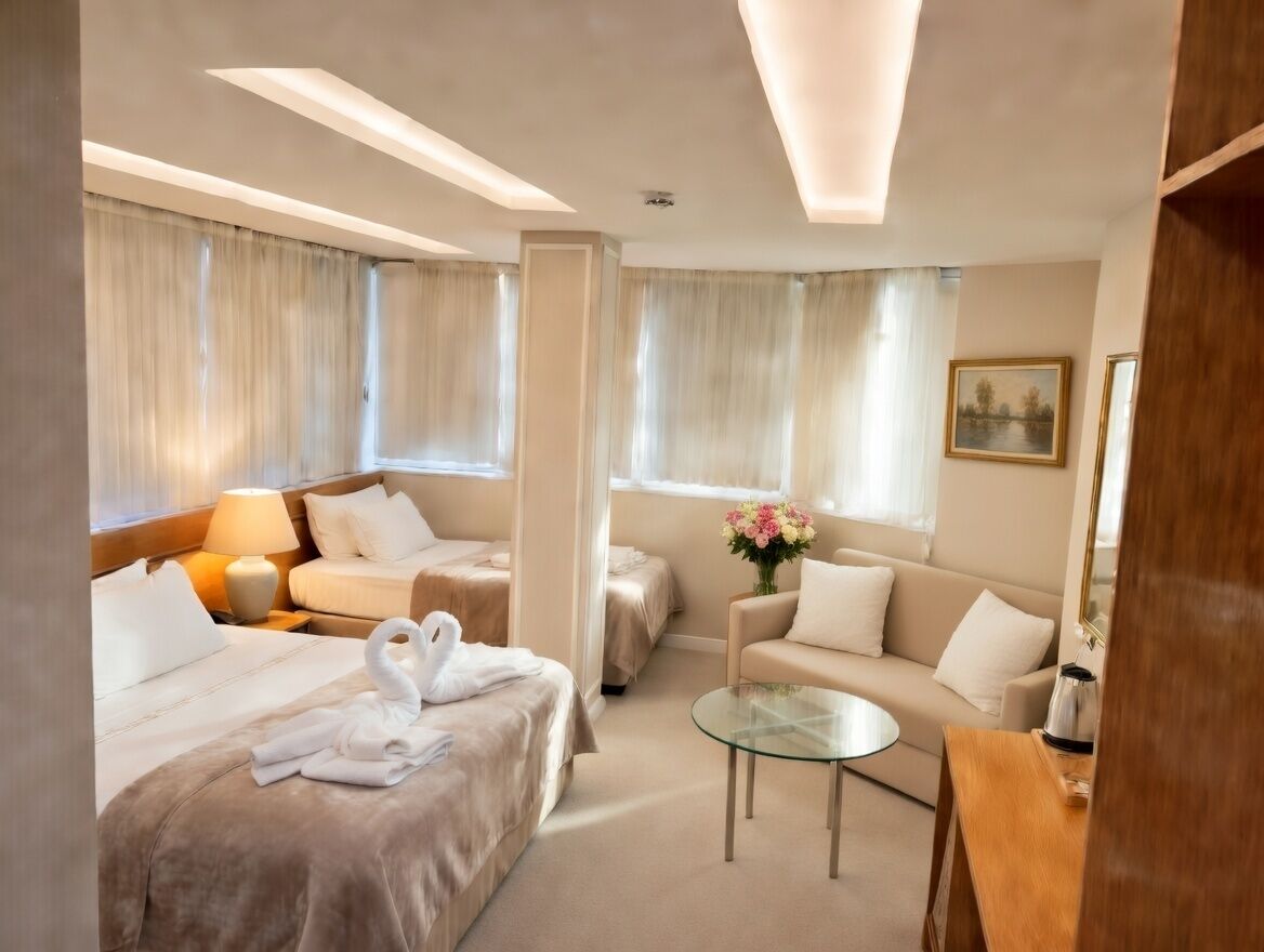 Deluxe fyrbäddsrum | Minibar, värdeförvaringsskåp på rummet och skrivbord