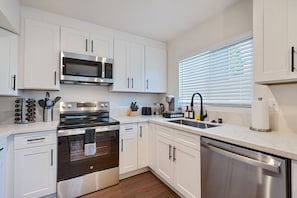 A modern kitchen with white cabinets, stainless steel appliances, a dishwasher, and a window with blinds.