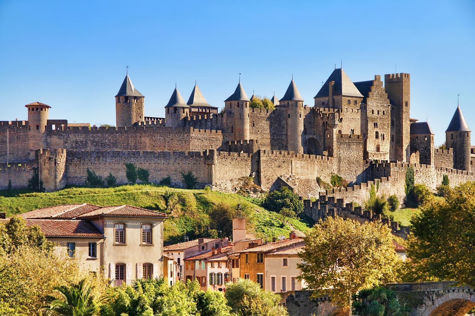 Un castell històric amb diverses torres, una muralla fortificada i edificis residencials al voltant.