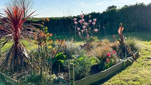 A garden with various plants and flowers, a wooden fence, and a grassy field in the background. - 4 bedroom awesome home in Taulé (Taulé)
