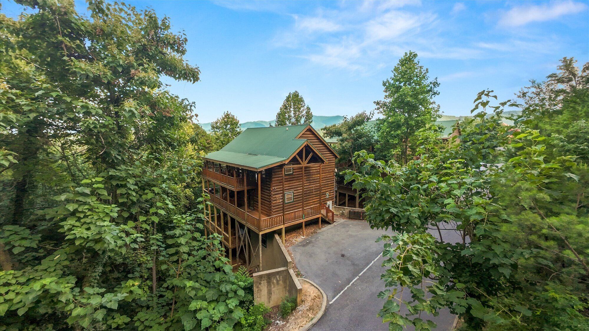 A wooden cabin with a green roof surrounded by dense foliage.