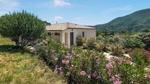 Un petit bâtiment d’un seul étage, doté d’un toit en tuiles, entouré d’une végétation luxuriante et de plantes en fleurs.