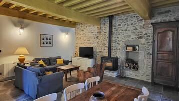 A cozy living room with a stone wall, a fireplace, a sofa, and a television.