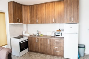 Apartment, Sea View | Private kitchen | Full-size fridge, microwave, oven, stovetop