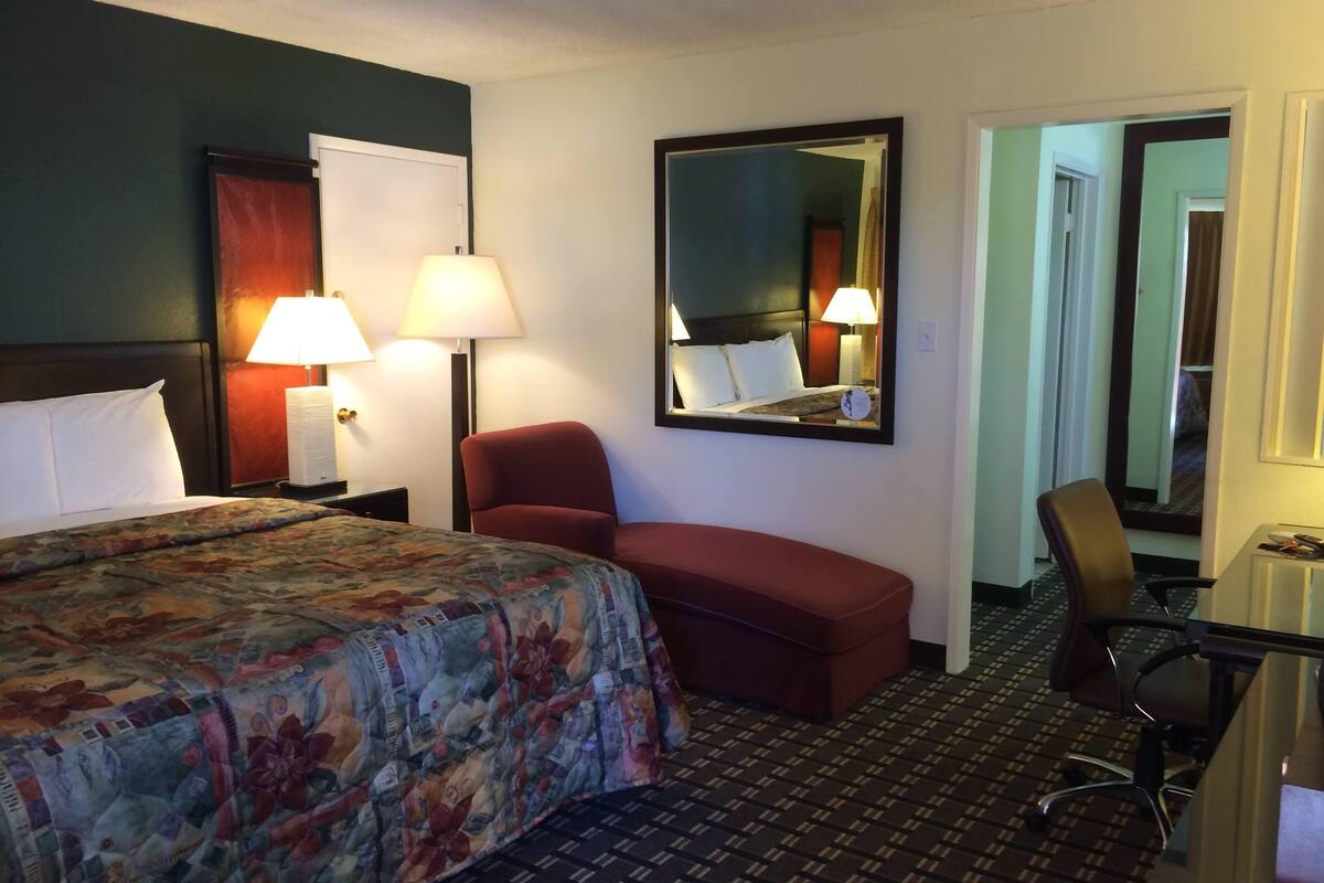 Une chambre d’hôtel avec un lit, un bureau, une chaise et un miroir.