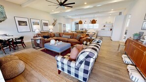 Smart TV, fireplace, books, printers