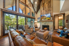 Smart TV, fireplace, books