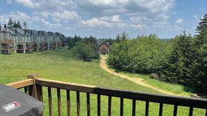 A deck with a grill, overlooking a grassy area with a path leading to a building. - Powderidge 15 Slope Side (Snowshoe)