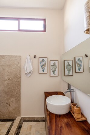 Shower, hair dryer, towels, soap