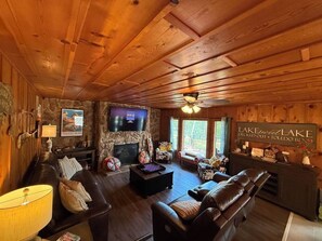 Smart TV, fireplace, books