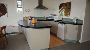 Fridge, microwave, stovetop, toaster