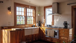 A kitchen with wooden cabinets, a stainless steel stove, and a large window. - Kowhai Cottage | Pizza Oven | Super Central - KK32726 (Kaikoura)