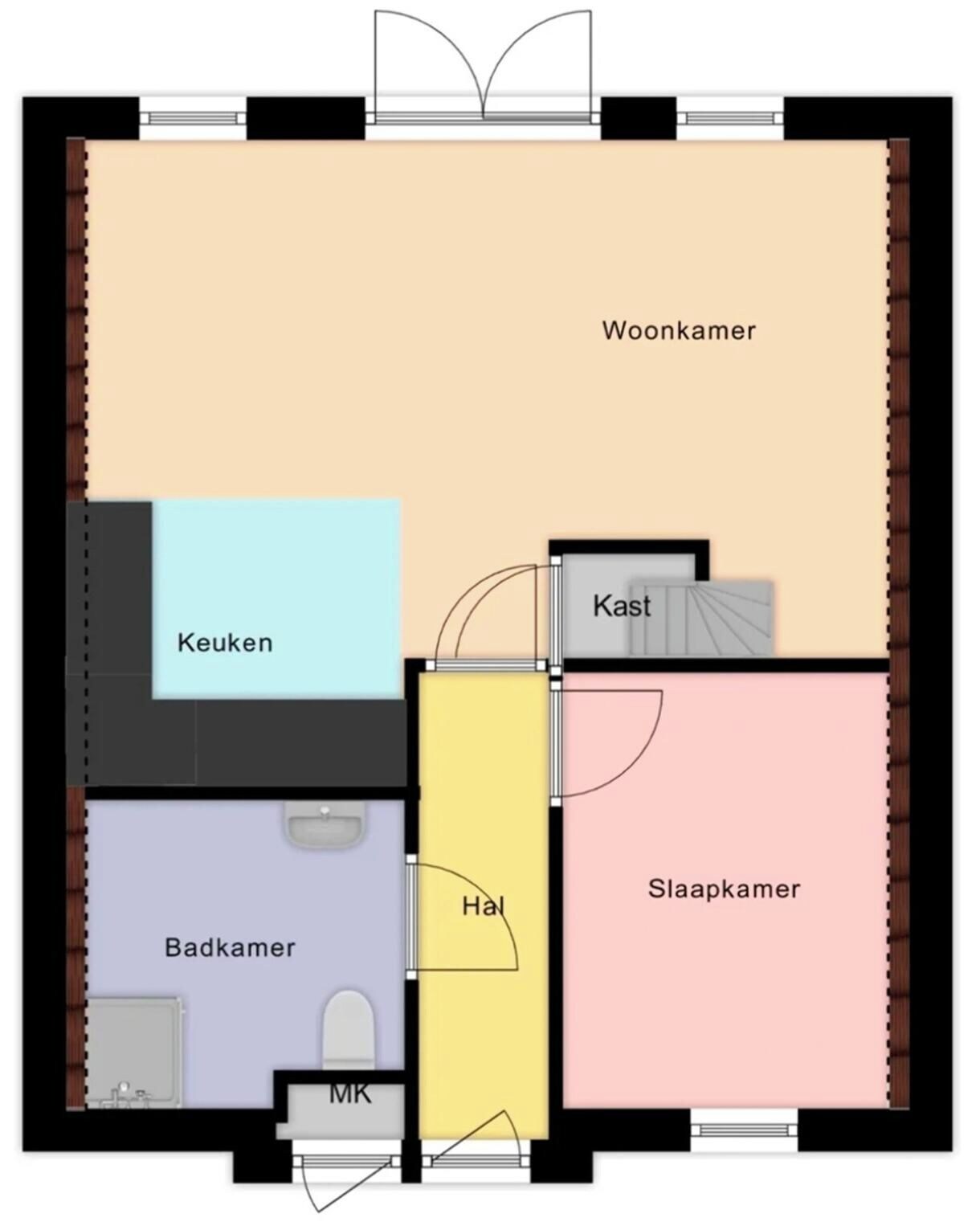 A floor plan with labeled rooms: Woonkamer, Keuken, Kast, Slaapkamer, Badkamer, and Hal.