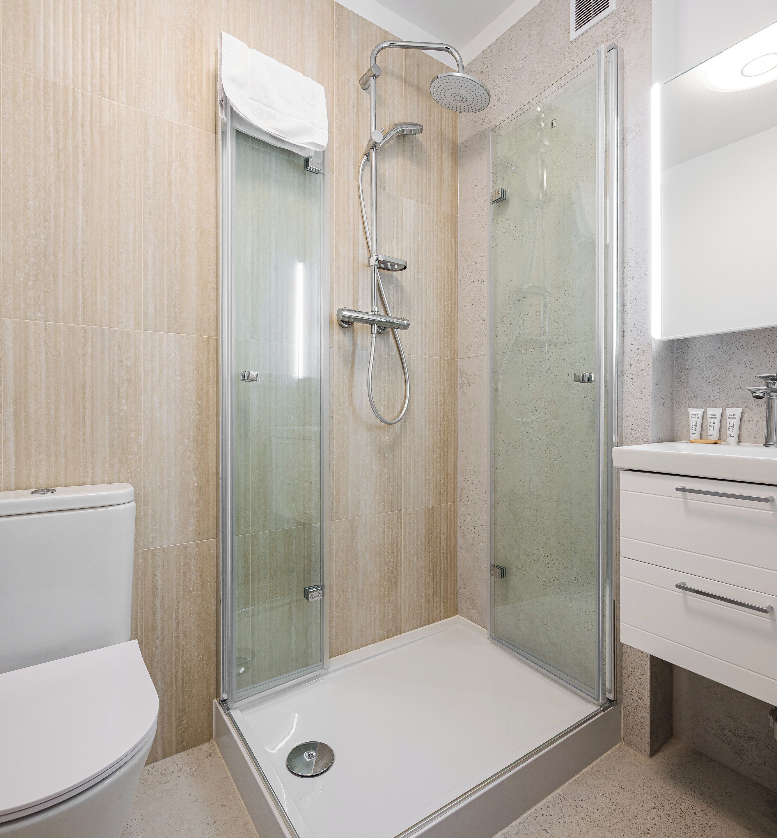 A modern bathroom with a glass-enclosed shower, a toilet, and a vanity with toiletries.