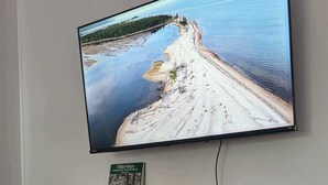 A flat-screen TV mounted on a wall displaying a coastal landscape. Below the TV, there are two wooden shelves; one holds books and a framed picture, and the other has a vase with flowers. - Hunts Point Beachside Suite #11 (Hunts Point)