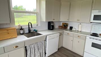 Een magnetron, een oven, een kookplaat, een vaatwasser