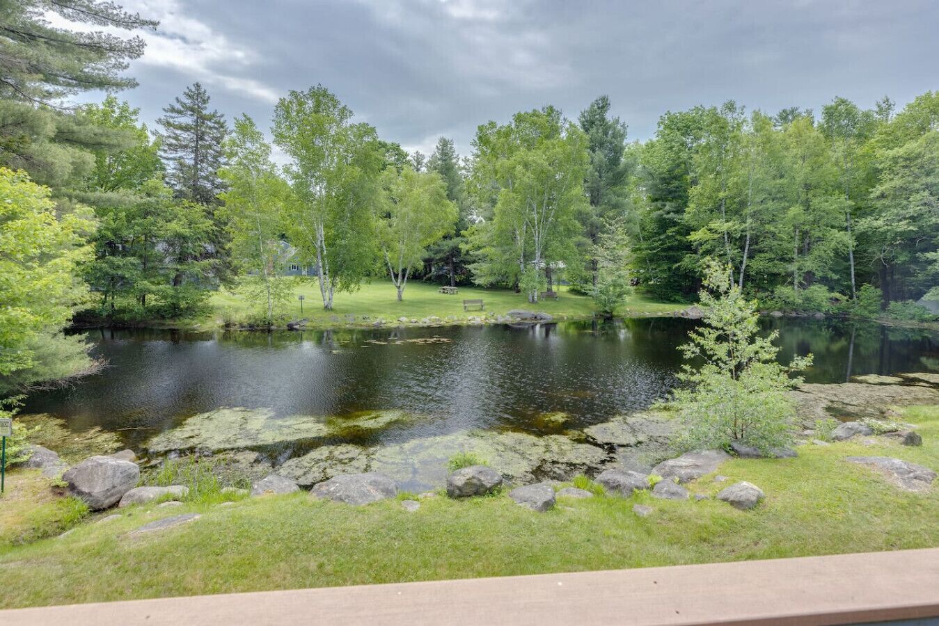 A serene lakeside view with a wooden deck, lush greenery, and a calm water body.