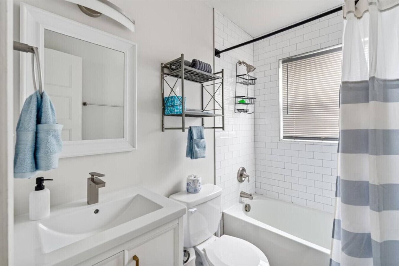 Hair dryer, towels, soap, toilet paper