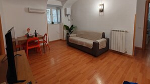 Un salon avec un plancher en bois, un canapé, une table à manger avec des chaises, un téléviseur et un radiateur.