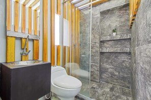 Shower, towels, soap, toilet paper