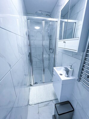 Hair dryer, towels, soap, shampoo