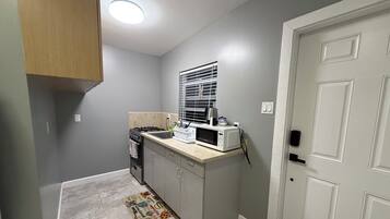 Fridge, microwave, stovetop, electric kettle