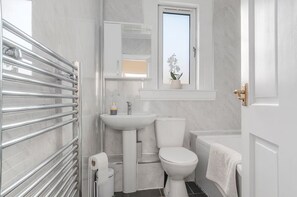 Hair dryer, towels, toilet paper