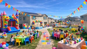 A backyard party with tables, chairs, and a bouncy castle. - 4-bedroom house in wonderful Perris with WiFi, AC (Perris)