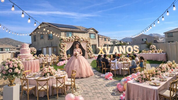 An outdoor event with a decorated cake, floral arrangements, and a large 'XVANOS' sign. - 4-bedroom house in wonderful Perris with WiFi, AC (Perris)