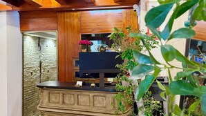 Eine Bar mit Holzausstattung, einem Fernseher, einer Steinwand und einem Blumentopf.