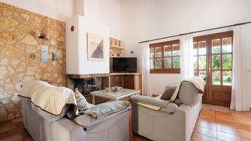 Een televisie en een open haard