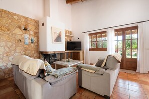 Una televisión, una chimenea