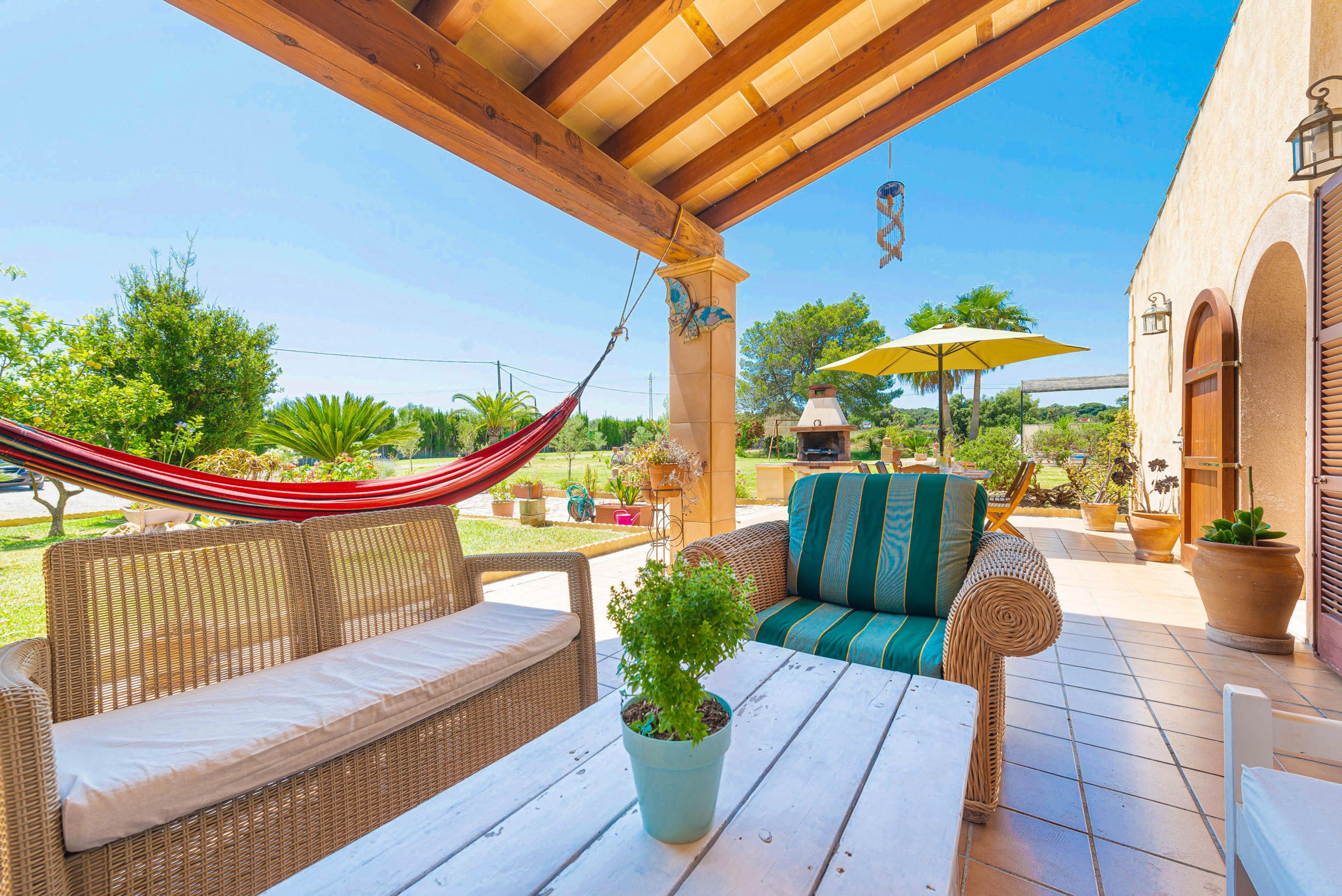 An outdoor patio with wicker furniture, a hammock, and a potted plant.