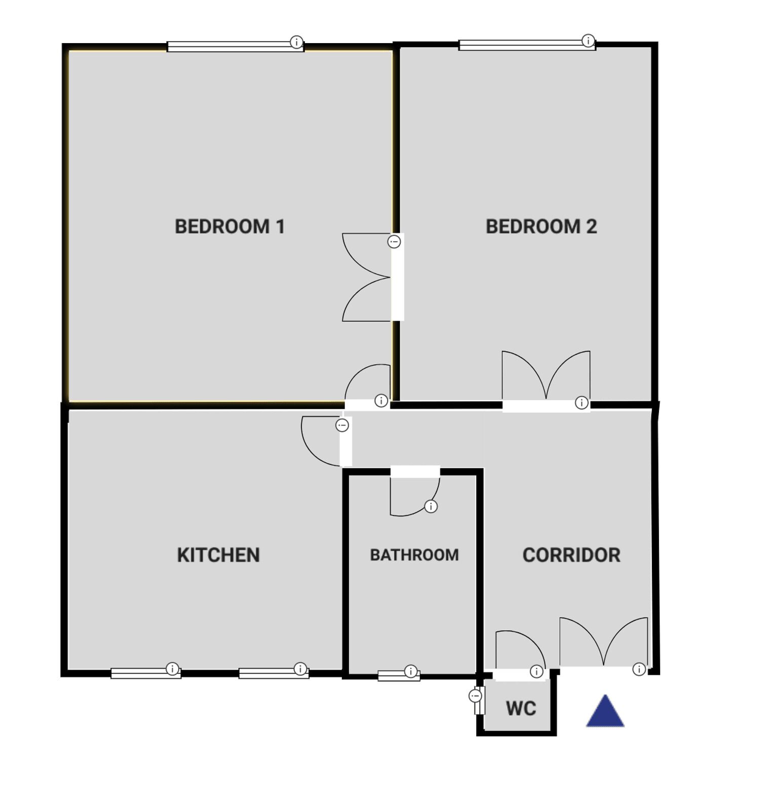 Planta baixa com dois quartos, cozinha, banheiro, corredor e vaso sanitário.