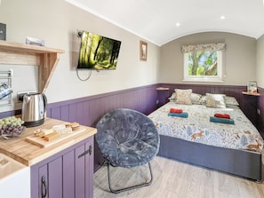 A compact bedroom with a bed, a TV, a window, and a kitchenette.