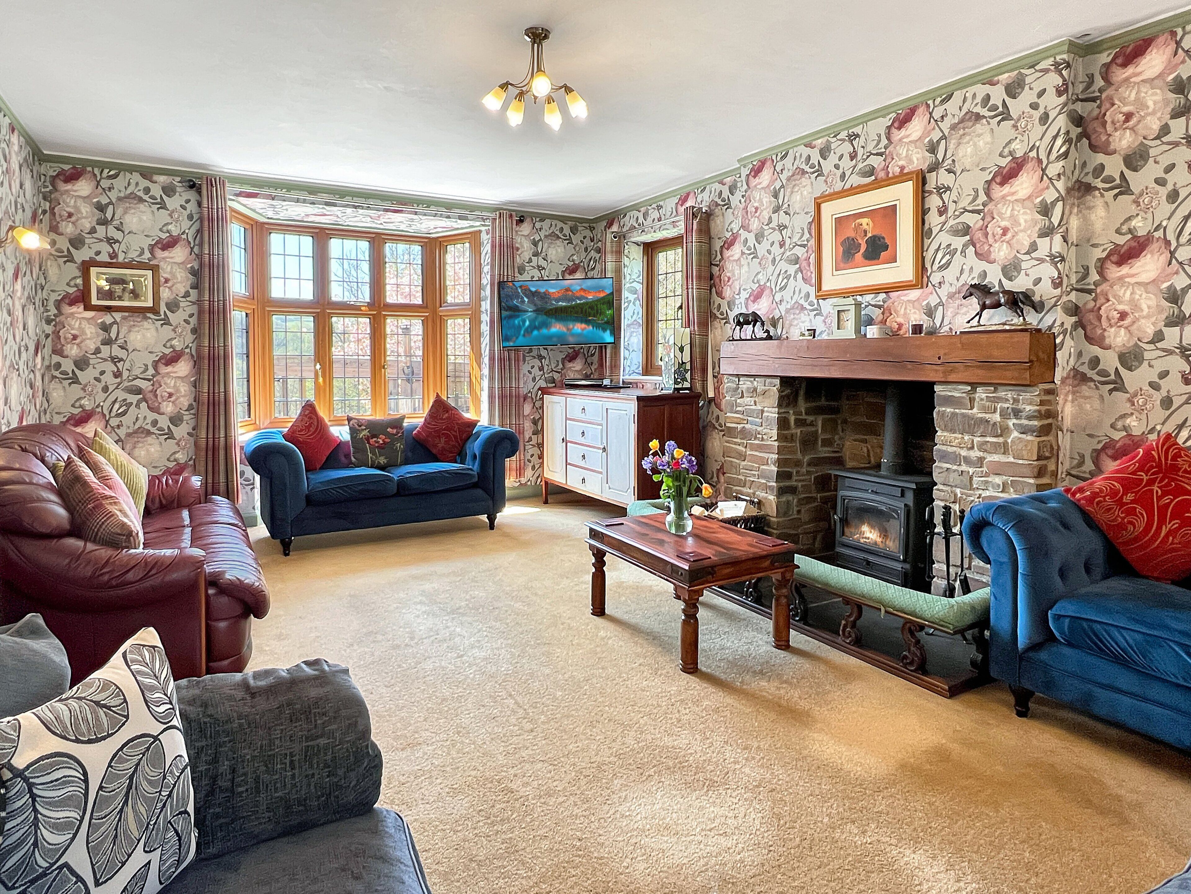 Een televisie en een open haard