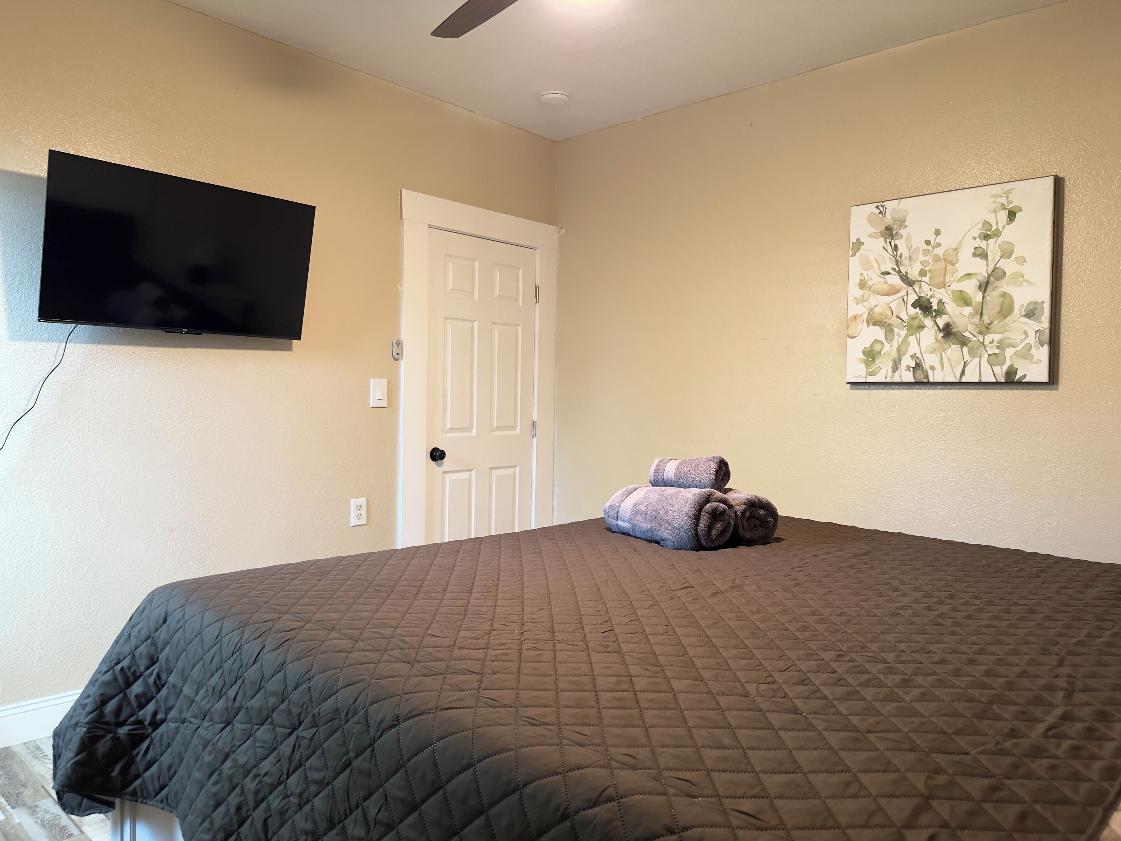 A bedroom with a bed, a television mounted on the wall, a door, and a painting.