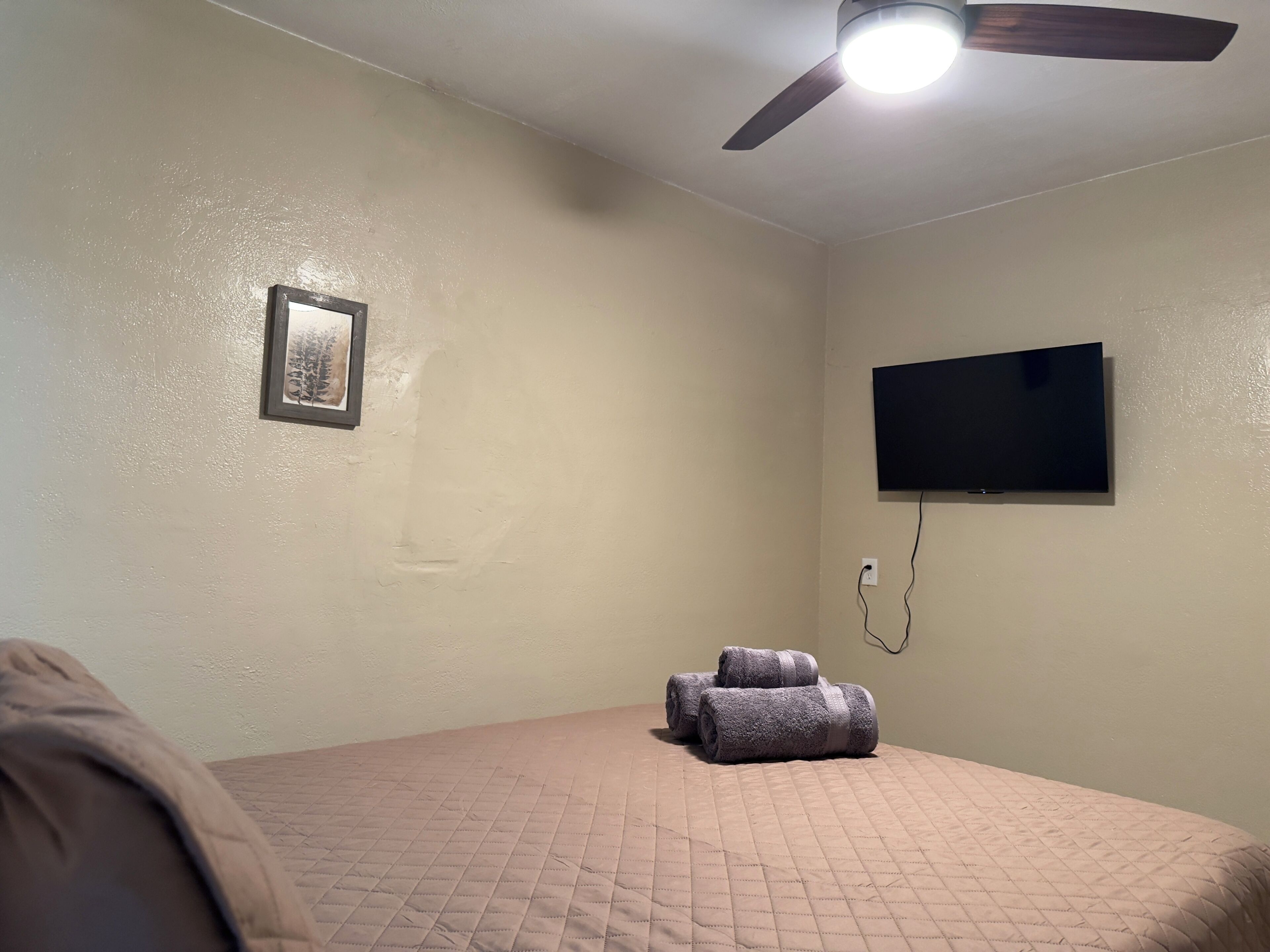 Une chambre à coucher avec un lit, un ventilateur de plafond, un téléviseur fixé au mur et un tableau encadré.